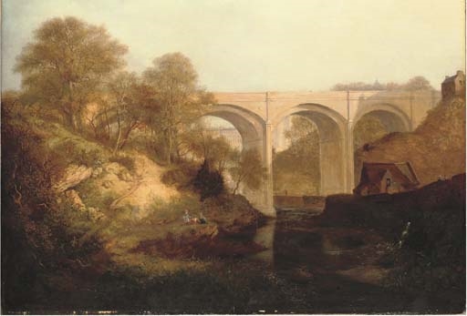 A view of Dean Bridge, Edinburgh, with figures on a bank by Robert Gibb I