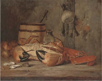Crab, lobster and oysters with fish hanging to the side - E. Bateman
