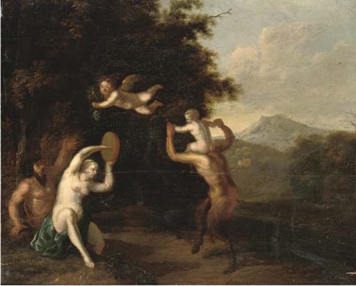 A wooded landscape with satyrs and a nymph dancing by Martinus de la Court