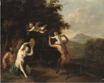 A wooded landscape with satyrs and a nymph dancing - Martinus de la Court