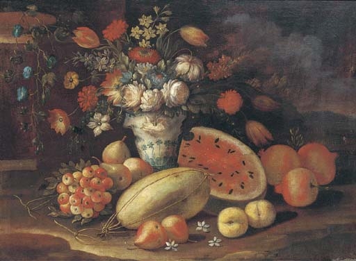 Roses, tulips, morning glory and other flowers in a vase with melons, pears, pomegranates and berries in a clearing by Gasparo Lopez