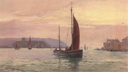 Artwork by George Henry Jenkins, Fishing trawlers running into the harbour at Plymouth, Made of watercolour and bodycolour