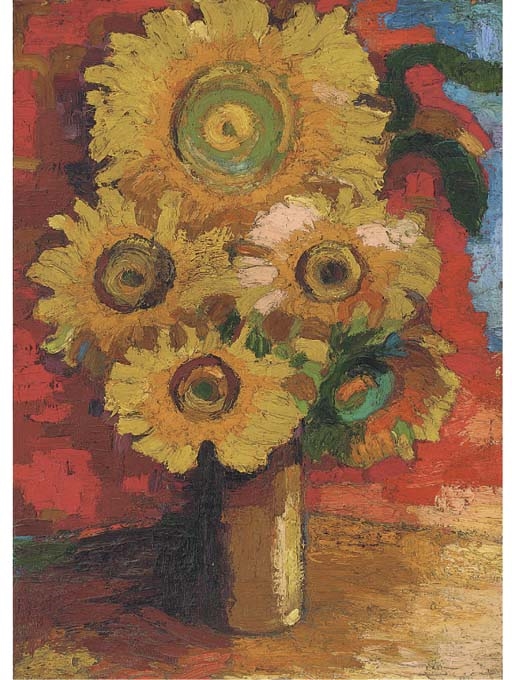 Artwork by F. Kaplan, Sunflowers in a vase, Made of oil on board