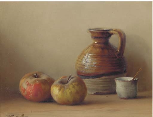Still life of apples, and a jug and pot by Robert Chailloux
