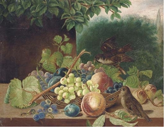 Birds with a basket of fruit on a ledge - D. J. Crump