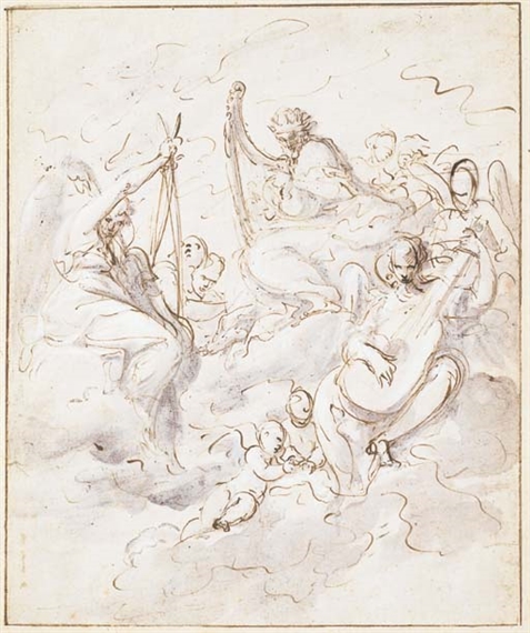 King David with musical angels among clouds by Bolognese School, 17th Century