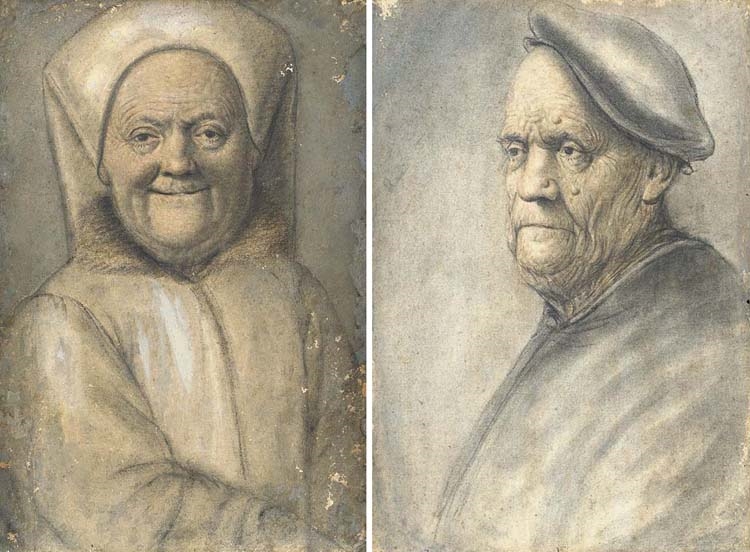 An old woman, bust-length, in white robe and headdress; and An old man, bust-length, wearing a black beret by Nicolas Lagneau
