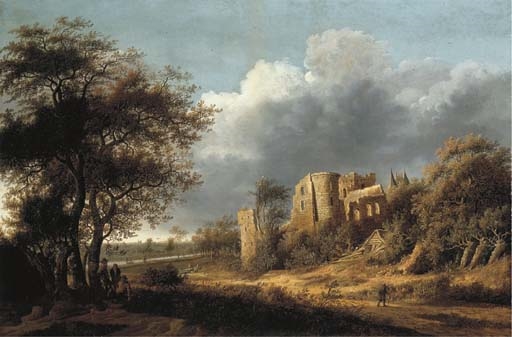A landscape with the ruined castle of Egmond, a river beyond by Anthonie Jansz. van der Croos