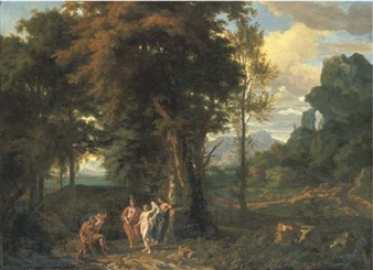 A Classical wooded landscape with the Judgement of Paris - Johannes Glauber