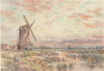 A windmill on the Fens at dusk - Charles Frederick Allbon