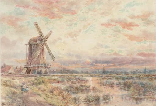 A windmill on the Fens at dusk by Charles Frederick Allbon