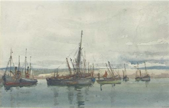 Tugs and fishing boats lying at anchor, early evening - Alfred James Collister