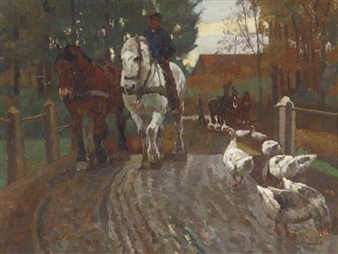 Horses and geese on a bridge - Willy Brandes