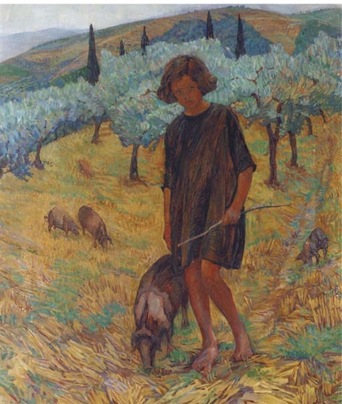 A rustic scene of a young figure leading pigs through a sun-drenched olive grove.