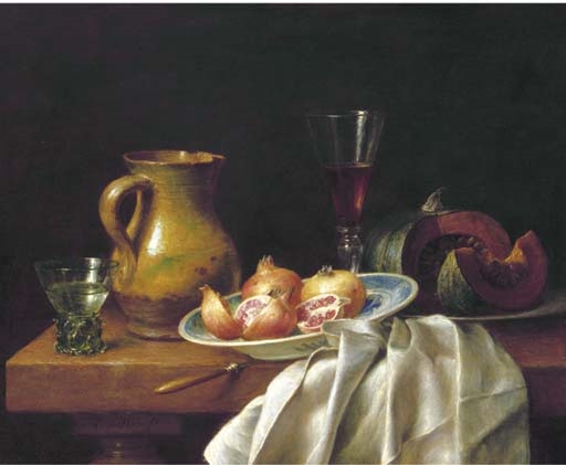 A still life with pomegranates on a Delft plate, a pumpkin, a jug, a wine and a water glass on a table by Cornelis le Mair