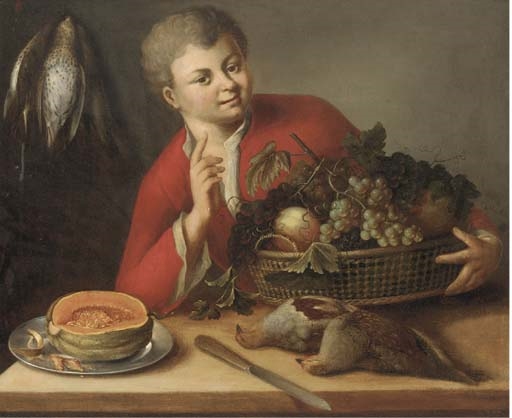 A boy holding a basket of grapes and peaches by a table with partridges and half a melon by German School, 18th Century