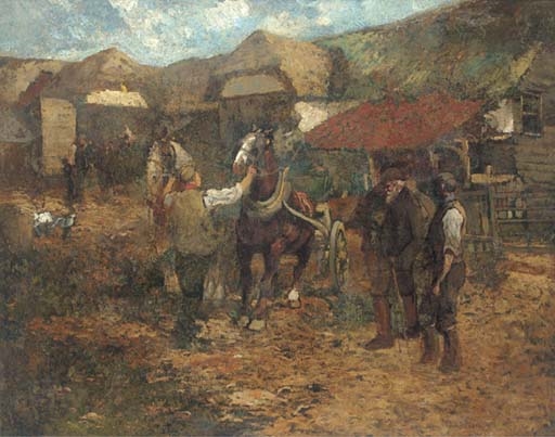 Artwork by Frank Mura, Figures and horses in a farm yard, Made of oil on canvas