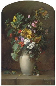 Sunflowers, roses, and other summer blooms in a vase on a stone ledge - Alfred Renaudin