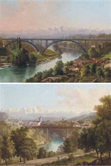 View of Berne towards the Alps; and View of the railway bridge, Bern - Carl Fuchs