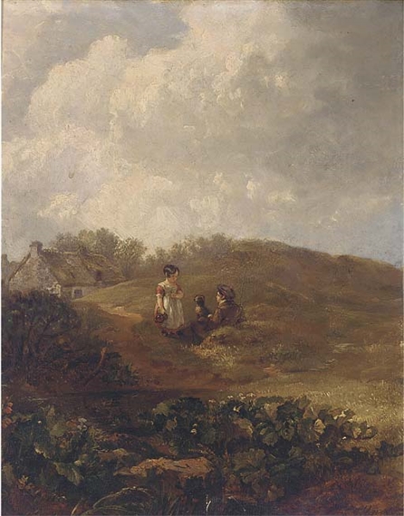 Children and a dog in a landscape by Robert Gibb I, 1822