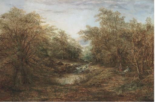 Children by a woodland stream by H. Wallace, 1877