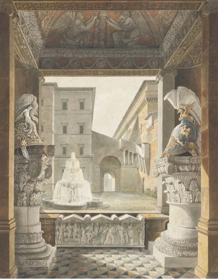 A Roman courtyard seen from a loggia decorated with antique helmets on composite columns and a sarcophagus by Charles Percier