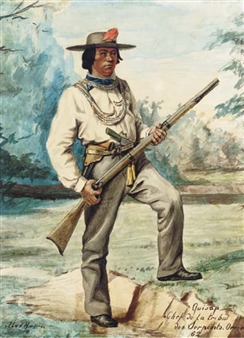 Chef de la tribu des Serpents Oregon tenant un fusil dans un paysage - Alexandre Homo