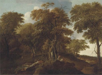An extensive wooded landscape with travellers on a track - Johan Lagoor