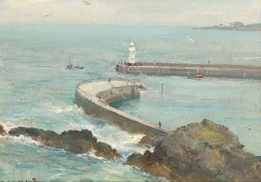 Mevagissey; Spring flowers; Two figures in a landscape by David Curtis, 1997