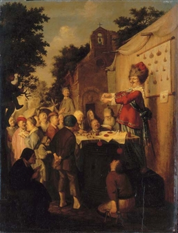 A mountebank at his stand in a rural fair, with a church beyond - Joachim van den Heuvel