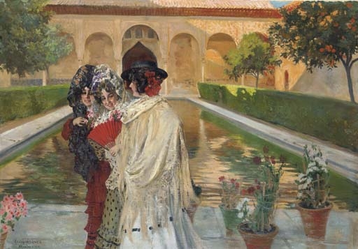 Tres Mujeres en el Alhambra al atardecer by Carlos Vazquez Ubeda, 1900