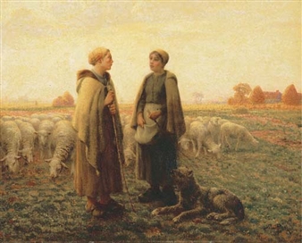 Two Shepherdesses with a Dog - Aimé Perret