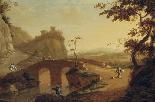 Artwork by Willem de Heusch, A landscape with travellers crossing a bridge, a hilltop house beyond, Made of oil on canvas