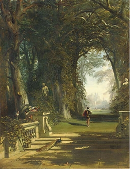 Cavaliers in a wooded avenue, a country house beyond - James Digman Wingfield