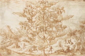 An allegory of Victory on a oak tree (the badge of the Della Rovere family) supporting the arms of the Medici and the Habsburgs, a hunting scene in the background - Valerio Spada‏