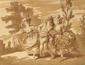Two women dancing with a comedian in a landscape - Pierre Lélu