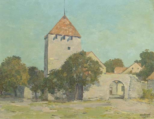 A view of a village in Sweden by Johan Briedé, 1950