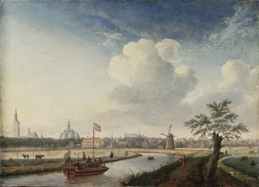 A cappricio view of The Hague, with figures walking along a river and a barge by Jan ten Compe