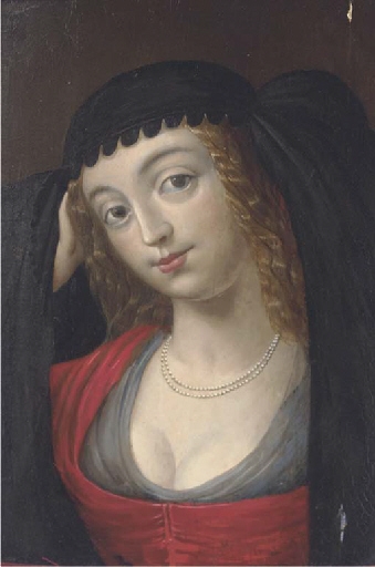 Portrait of a maiden, bust-length, in pearls and a red dress by Spanish School, 18th Century
