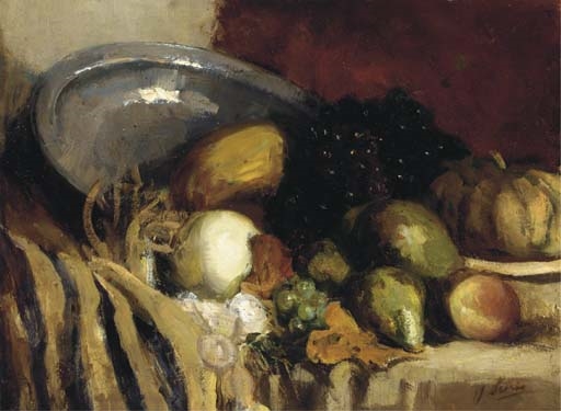 Grapes, pears, pumpkins, peaches on a draped kitchen table by Jacoba Surie