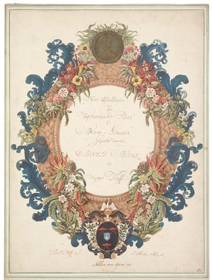 Design for a floral frontispiece with a portrait medallion of Agnes Block - Albert van Spiers