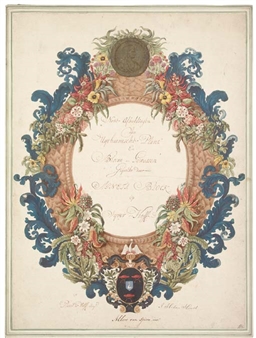 Design for a floral frontispiece with a portrait medallion of Agnes Block - Albert van Spiers