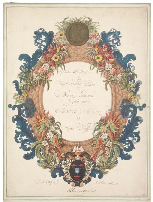 Artwork by Albert van Spiers, Design for a floral frontispiece with a portrait medallion of Agnes Block, Made of black chalk, watercolor, bodycolor heightened with gold and gum arabic