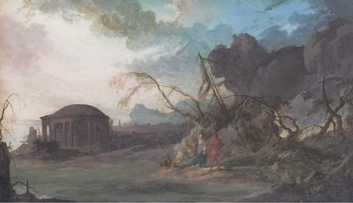 A classical temple by the sea with two figures in the foreground by Pierre Antoine Patel, 1695