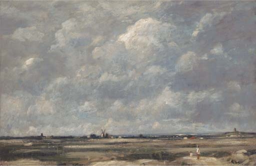Figures in an expansive landscape, a windmill beyond by David Muirhead