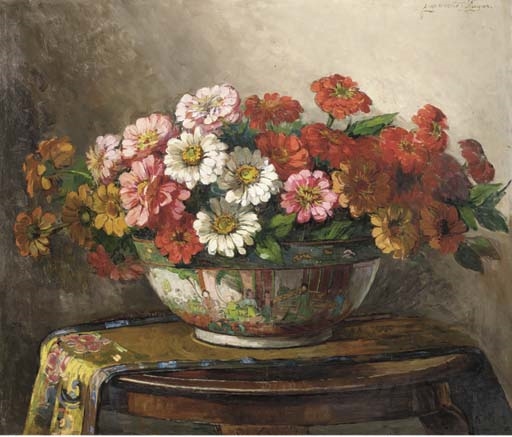 Summer flowers in an oriental bowl on a draped table by Jeannette Slager