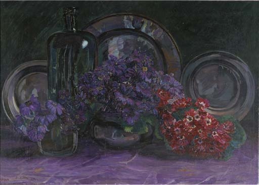 A still life painting featuring a dark glass bottle, purple flowers, and red blossoms arranged before reflective plates.