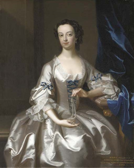 Portrait of Mary Rand, half-length, seated, in an oyster-satin dress with blue ribbons, holding a string of pearls, in an interior by a blue velvet curtain by Enoch Seeman, 1742