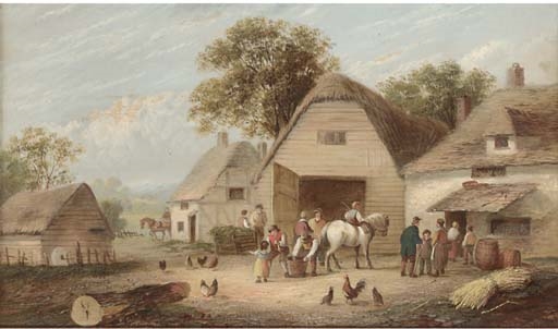Artwork by William P. Lara, Figures before a barn, Made of oil on canvas