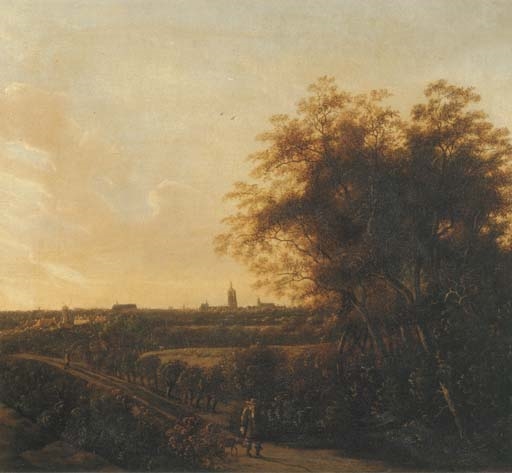 A wooded landscape with a sportsman and his dog on a sandy road, a view of The Hague in the distance by Anthonie Jansz. van der Croos, 1658